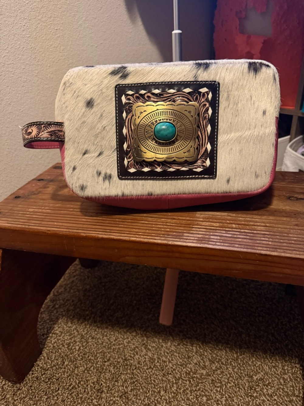 Cowhide Toiletries bag with Turquoise Concho Accent
